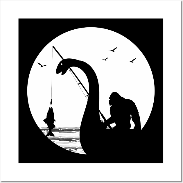 Bigfoot Riding Loch Ness Monster Sasquatch Fishing Wall Art by Tesszero